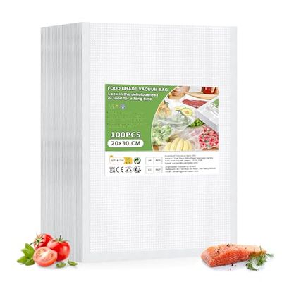 Oderra Sacchetti Sottovuoto Alimentari 100 Pezzi 20x30 cm - Buste per Conservazione Sottovuoto, Sigillatura Ermetica e Freschezza Alimenti - Compatibili con Macchine per Sottovuoto