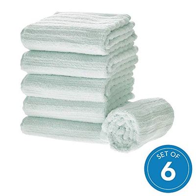 iDesign Set of 6 Hand Towels, Small Ribbed Cotton Towel Set, Soft Towels Set for Bathroom, Shower Room or Kitchen, Light Blue