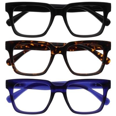 OPULIZERA Blue Light Blocking Reading Glasses - Anti-Reflective Anti-Glare - 3 Pack Readers - UV400 Protection - Oversized Frame - Computer Screen Glasses - Black Brown Blue - Men Women - +3.50