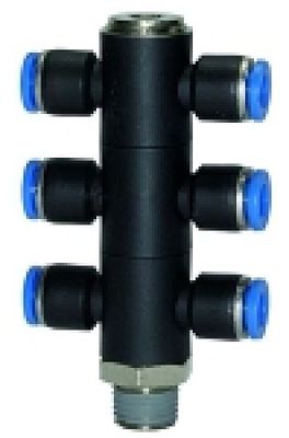 T-grenfördelare "Blå serie", roterbar, R 1/8 a, för slang-ytterdiameter 1 x 6/3 x 4 mm, arbetskabel, max. 15 bar, plast/MS vern.