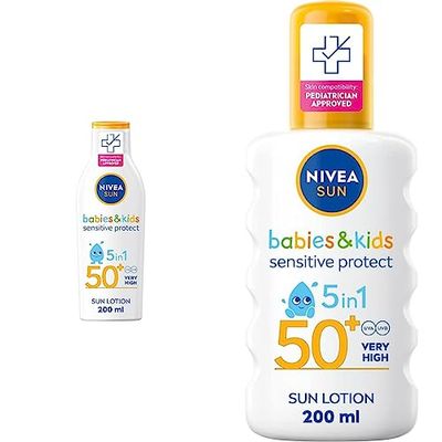 NIVEA SUN Kids Protect & Sensitive Sun Lotion (200ml) Sunscreen with SPF 50+, Kids Suncream & SUN Kids Protect & Sensitive Spray (200ml) Sunscreen Spray with SPF 50+, Kids Suncream