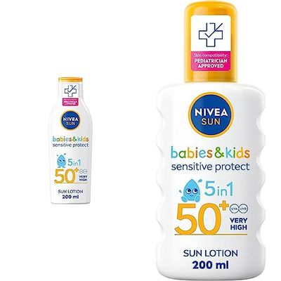 NIVEA SUN Kids Protect & Sensitive Sun Lotion (200ml) Sunscreen with SPF 50+, Kids Suncream & SUN Kids Protect & Sensitive Spray (200ml) Sunscreen Spray with SPF 50+, Kids Suncream