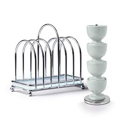 Zeal BASET9G Breakfast Set Set of 4 Melamine Stacking Egg Cups on Stand with Chrome and Glass 6 Piece Toast Rack, Sage Green