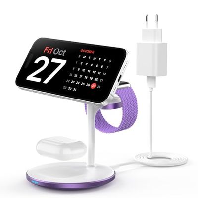 Mag-Safe 3-in-1 inductief laadstation voor meerdere apparaten, 15 W Mag-Safe laadstation voor iPhone 15 14, MagSafe oplader voor iWatch Ultra 2/1/Series 9, AirPods, paars