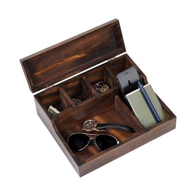 Mind Reader Nightstand Valet Tray, Phone Watch Holder, Bedroom Desk Organizer, Cosmetic Accessory Storage, Jewelry Box with 7 Compartments, Burnt Wood, Brown,12" x 10" x 4.5"