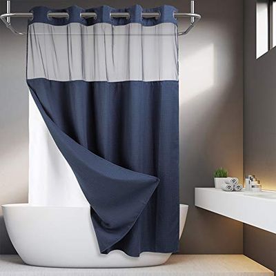 No Hooks Required Waffle Weave Shower Curtain with Snap in Liner -Extra Long 71W x 86H,Hotel Grade,Spa Like Bath Curtain,Navy