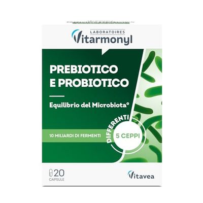 Prebiotico e Probiotico - 5 Ceppi di Fermenti Lattici Probiotici con Estratto di Cicoria - Pancia Piatta - Per il Benessere Intestinale - 20 Capsule - Vitarmonyl