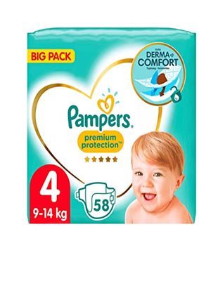 Pampers Lot de 58 couches pour bébé - Taille 4 (9-14 kg) - Protection premium - Grand pack - Meilleur confort et protection pour les peaux sensibles