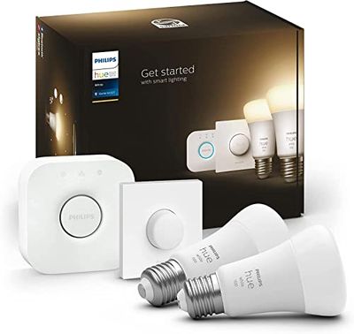 Philips Hue White Starter Kit con 2 Lampadine, con Bluetooth, Dimmerabili, Attacco E27 + 1 Bridge Hue Controllo Completo del Sistema + 1 Telecomando Hue Smart Button, Bianco