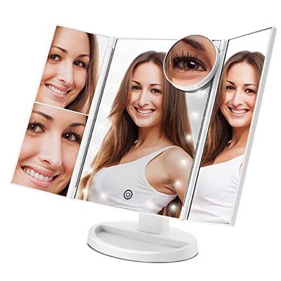 PORTENTUM Makeup Mirror with Lights: 21 LED Vanity Mirror with Touch Screen Tri-Fold, 1X/2X/3X/10X Magnification, 180° Rotation - Ideal for Dressing Table or Vanity