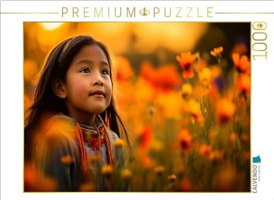 CALVENDO Puzzel levensvreugde in bloem: Indiaans kind in de bloemenzee | 1000 stukjes legformaat 64 x 48 cm fotopuzzel voor gelukkige uren