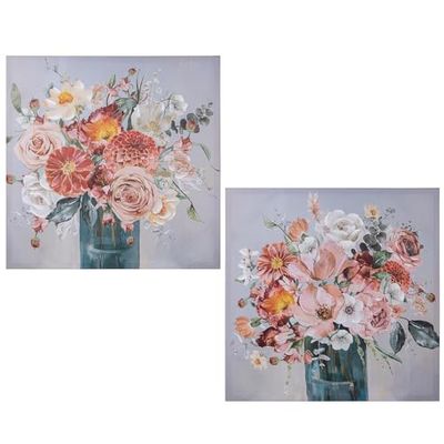 DRW Set van 2 schilderijen, 40% handbeschilderd, met verschillende bloemen en verschillende kleuren, 80 x 80 x 3 cm