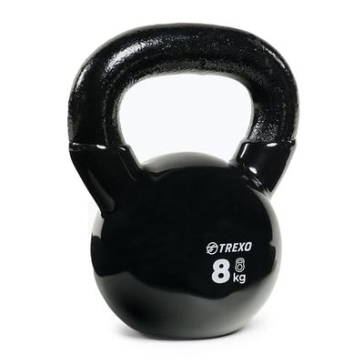 TREXO kettlebel 8 kg gjutjärn med vinylbeläggning för mångsidiga hem- och gym-övningar, hantel, professionell, svart, hantel, boll, VKB08
