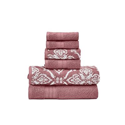Modern Threads Amaris Lot de 6 Serviettes de Bain, essuie-Mains et débarbouillettes réversibles en Jacquard Teint 100% Coton peigné - Super absorbantes et à séchage Rapide - Bois de Rose