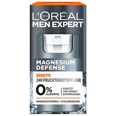 L'Oréal Men Expert Sensitiv pielęgnacja twarzy dla mężczyzn, kojący krem nawilżający do skóry wrażliwej, krem do twarzy dla mężczyzn z magnezem i kwasem hialuronowym, magnez Defense, 1 x 50 ml
