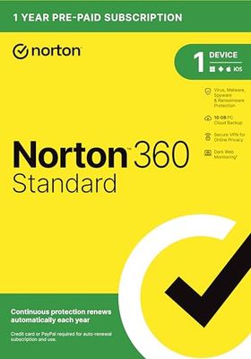 Norton 360 Standard, 2023 Ready, Antivirus software for 1 Device with Auto Renewal – Includes VPN, PC Cloud Backup & Dark Web Monitoring [Key Card]