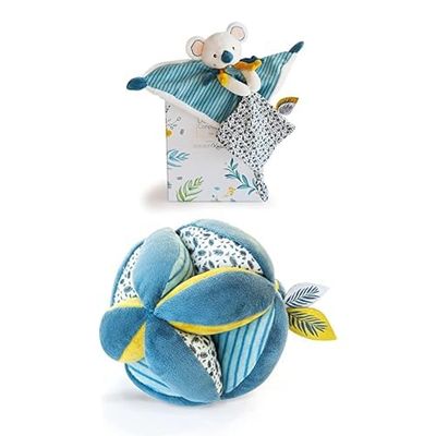 Doudou et Compagnie : Lot Koala Plat Yoca + Balle de Préhension avec Hochet - Pack Cadeau Naissance Mixte - Doudous Adorables et Extra Doux - Garantie Doud
