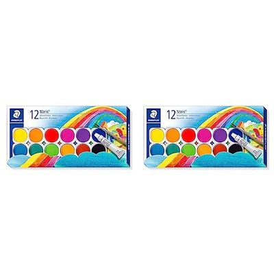 Staedtler Noris 888, Palette de peinture aquarelle de haute qualité, Boîte de 12 pastilles aquarelles avec 1 tube de gouache blanche et 1 pinceau, 888 NC12 (Lot de 2)