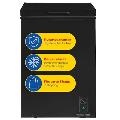 Russell Hobbs Black Chest Freezer 99L Freestanding with Adjustable Thermostat & Feet, Chill or Freeze Function, 4 Star Freezer Rating & Suitable for Outbuildings & Garages RH99CF0E1B