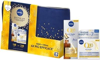NIVEA Routine Q10 Kit cofanetto regalo donna, Set regalo donna anti-age con Crema Viso Antirughe Giorno Extra Rassodante 50 ml e Siero Viso Doppia Azione 30 ml e Travel Bag omaggio inclusa