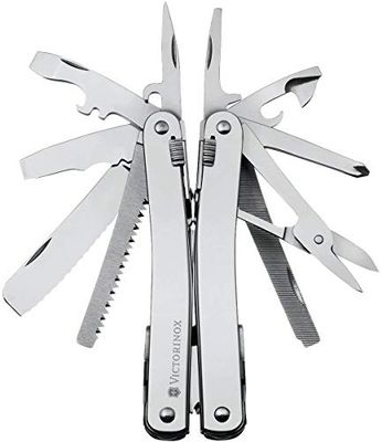 Victorinox Swiss Tool Couteau de Poche Suisse, Couteau Multifonctions, 28 Fonctions, Tire Bouchon, Lame Fixe, Etui, Argent