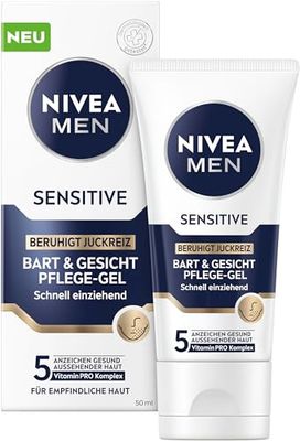 NIVEA MEN Sensitive - Gel de cuidado facial y barba de absorción rápida para la piel sensible de los hombres, cuidado facial calmante para aliviar la irritación de la piel (50 ml)