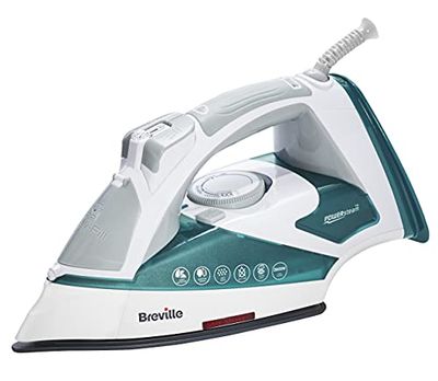Breville POWERSTEAM - Plancha de vapor, 2600 W, placa de cerámica, golpe de vapor 220 g, chorro de vapor vertical 50 g/min, apagado automático, blanco/turquesa
