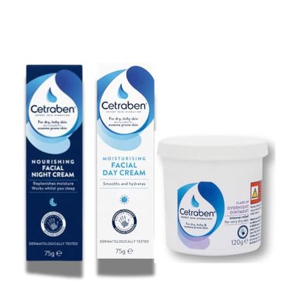 Cetraben Bundle Moisturising Facial Day Cream, Daily Moisturiser, 75g + Cetraben Nourishing Facial Night Cream, Intensely Nourishing Overnight Skincare, 75g + Cetraben Ointment – 120g (pack of 3)
