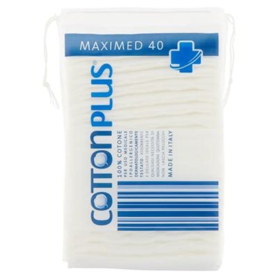 Cotton Plus MAXIMED 40 pz. - LINEA MEDICALE | MAXI QUADRATI PRETAGLIATI, 100% PURO COTONE PER USO MEDICALE | Ipoallergenici, assorbenti e resistenti.