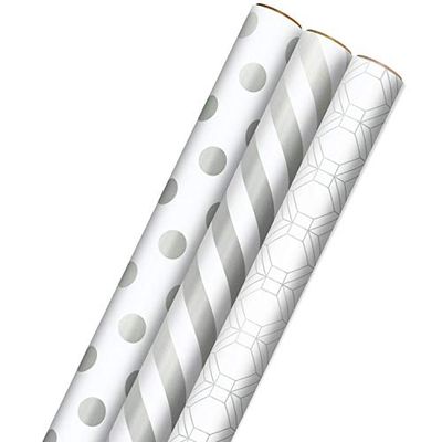 Hallmark 0005EWR2962 Wedding Wrapping Paper with Cut Lines on Reverse (3-Pack: 105 sq. ft. TTL) Stripes Gift, Silver Metallic