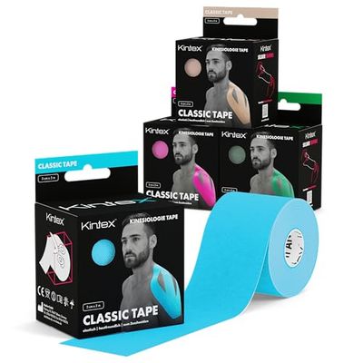 Kintex Bande Kinésiologie Tape Classic, 5 cm x 5 m, Bande de Kinésiologie Hypoallergénique et Résistante à l’Eau, Bande Physiothérapeutique, Bande Médicale, Sport et Physiothérapie, Lot de 4