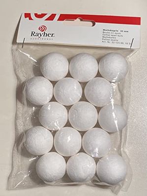 RAYHER 3312500 Cotton Wool Balls – Pack of 30 mm Diameter Self-Service Bag/Pack of 15, White