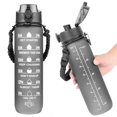 AiQInu Drinkfles van 1 liter met tijdweergave en BPA-vrij, lekvrij, veilige sluiting, parasolkabel en gevlochten draaggreep voor sportschool, fitness en outdoor