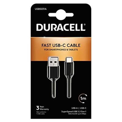 Duracell usb5031 a 1 m USB naar USB-C zwart - kabel USB 3.0 (3.1 Gen 1), USB A, USB C, mannelijk/mannelijk, recht, recht
