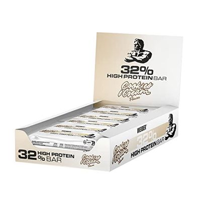 WEIDER 32% Protein Bar, délicieuse barre protéinée enrobée de chocolat fin, haute teneur en protéines, barre énergétique, snack musculation, biscuits et crème, 12 x 60 g
