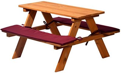 dobar 94353FSC Robuuste zitbank voor vier kinderen, van FSC-hout met bijpassende zitkussens, 89 x 79 x 50 cm, bruin/rood, compact