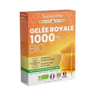 Santarome - Ruche Royale - Gelée Royale 1000 MG Bio - Complément alimentaire immunité - Fatigue, système immunitaire - Formule concentrée, titrée en 10-HDA - 20 ampoules - France