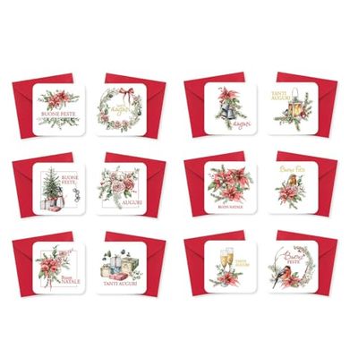 LINA OFFICINE GRAFICHE CREATIVE Mini-kerstkaarten met rode enveloppen, 8 x 8 cm, 12 stuks