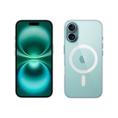 Apple iPhone 16 (128 GB) - Blauwgroen + Doorzichtig hoesje met MagSafe