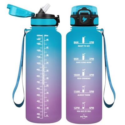 Vikaster Botella de 1.5L, sin BPA, a Prueba de Fugas, Botella de Agua de plástico, Botella con Pajita, Botella Grande para Yoga, Gimnasio, Exteriores, Viajes, Senderismo