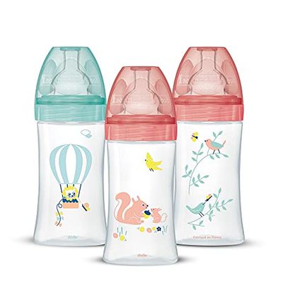 Lot de 3 Biberons Anti-Colique Sensation+, Fille, 270ml, 0-6 Mois, Tétine Plate, Débit 2