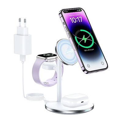 MagSafe 3-in-1 draadloze oplader, 15 W magnetisch inductief laadstation met adapter, draadloze oplader voor iPhone 15/15 Pro/15 Pro Max, iPhone14/13/12-serie, Apple Watch Ultra/8/7/SE/6/5/4, AirPods