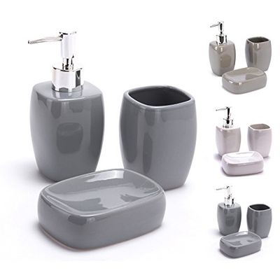 MSV Accessori Bagno Set 3 Pezzi Ceramica - Dispenser Sapone, Portasapone, Bicchiere - Grigio Antracite