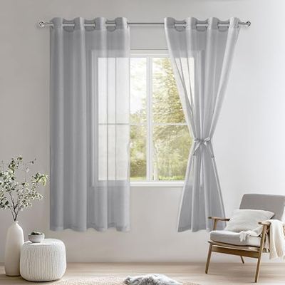 DWCN Cortinas Blancas de Gasa Transparente con Ojales, para Dormitorio, habitación Infantil, salón, Juego de 2 Unidades, Gris, 160 x 140 cm (Alto x Ancho)
