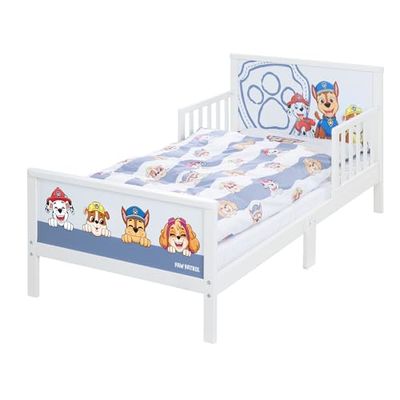 roba Paw Patrol Lit Montessori 70 x 140 cm avec Barrières de Sécurité pour Enfant Jusqu'à 7 Ans + Sommier et Linge de Lit - Blanc/Motif Chiens Chase Marcus Ruben Stella