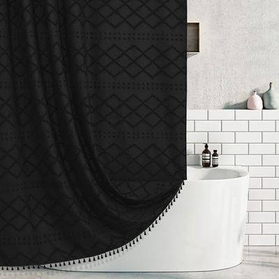 Tenda da doccia bohémien in tessuto nero intrecciato, con nappe, 137 x 198 cm, stile rustico minimalista, trapuntata, a zigzag e righe, shabby chic, impermeabile, moderna, per bagno e hotel