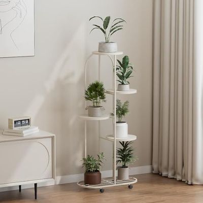 Zstar 5 våningar växtställ blomställ metall växttrappa hörn blomhylla växthylla inomhus utomhus flera blomtrappor med hjul för balkong trädgård vardagsrum, vit