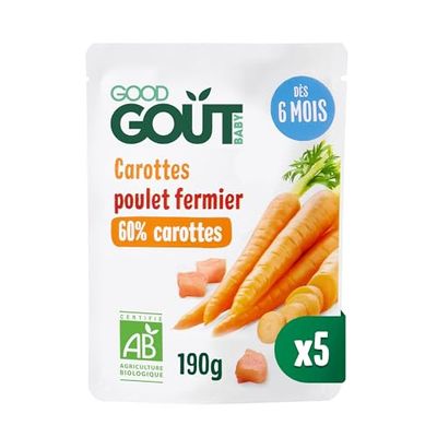 GOOD GOÛT - Carottes Et Poulet Fermier - Plat Cuisiné Pour Bébé - Dès 6 Mois - Purée Lisse - Fabriqué En France - Sachets Micro-Ondables - 5x190g