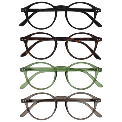 OPULIZE REY Occhiali da Lettura - Pacco da 4 - Montatura Rotonda Retro - Nero Opaco, Marrone Tartarugato, Verde, Grigio - Uomo Donna - RRRR56-1267 - +1.00