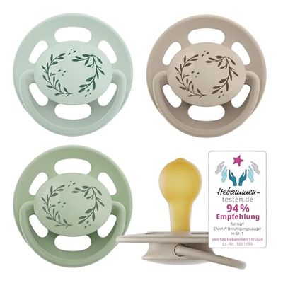 nip - Cherry Green | 0-6 maanden | Voedselvriendelijke babyfopspeen met tandvriendelijke zuigschacht voor baby's. Duurzame fopspeen gemaakt van natuurlijke grondstoffen | 4 stuks, lichtgroen/bruin